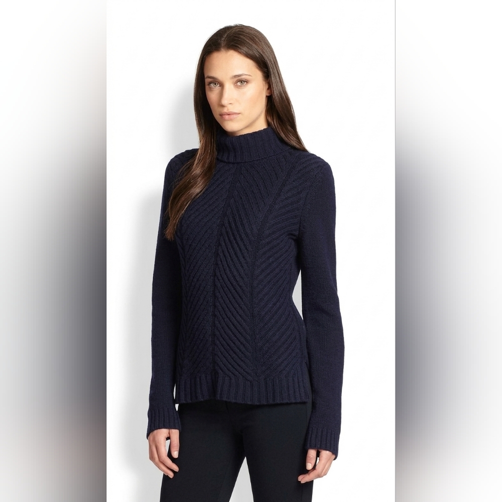 Vince Navy Yak Wool Turtleneck | Quiet Luxury Chevron Cable Knit Sweater | Large